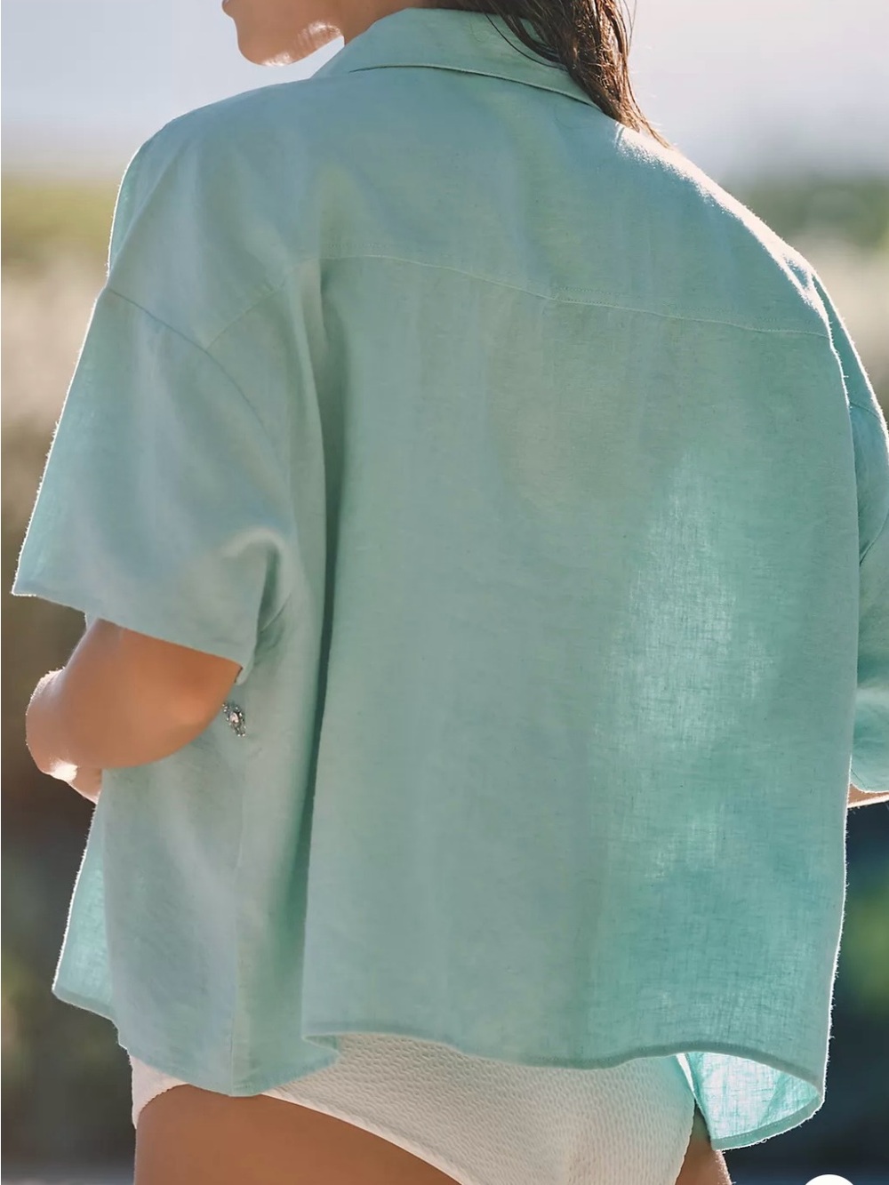 Anthropologie- Celandine Crop Linen Blend Buttondown Shirt - Picture 4 of 9